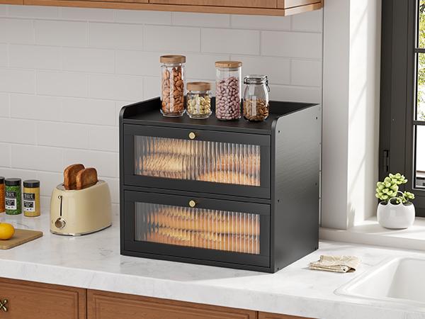 Bamboo Bread Box, Double Layer Bread Storage Box for Kitchen Counter, Large Capacity Bread Bin, Black