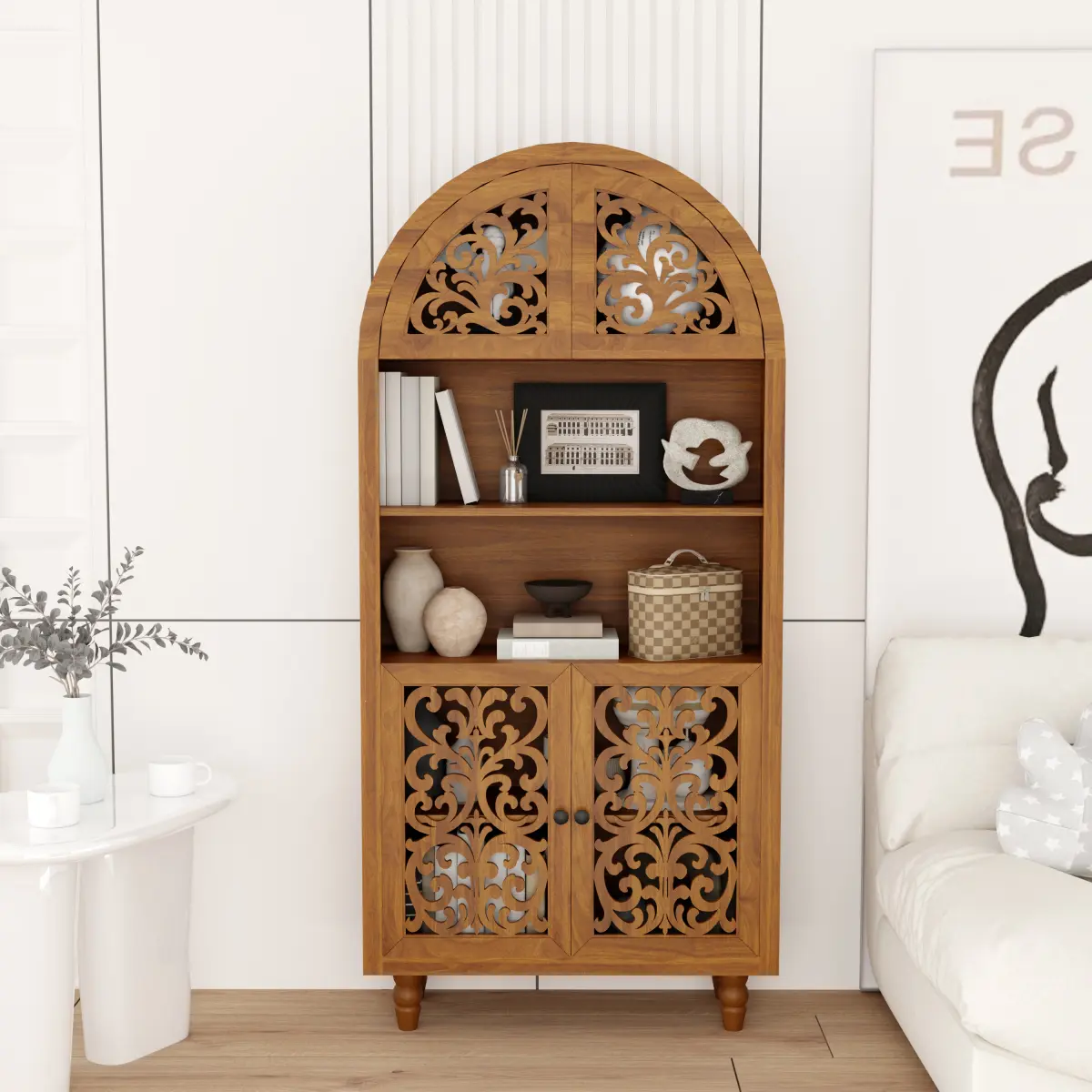 Fahuac Hand-Crafted Wood Cabinet - 66" Tall Arched Shelf Cabinet, Open & Concealed Storage, Compact Indoor Cupboard for Living Room, Entryway, Wood Cabinets, Crafted Cabinets