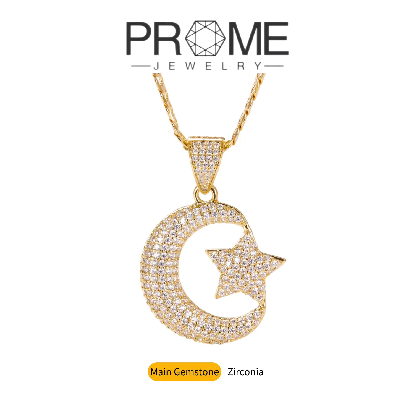 (CN082)Star and Moon Cubic Zirconia Pendant Necklace - Elegant Celestial Jewelry for Women