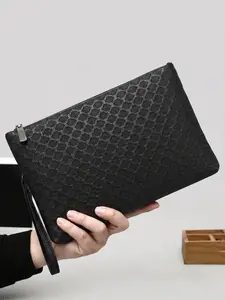 Men's Black Geometric Pattern Clutch Purse, Durable PU Leather Wristlet with Zipper Closure, Large Capacity Organizer for Work & Office, Gift for Him