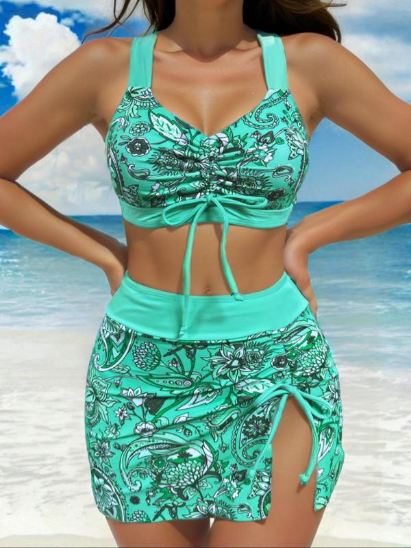 Women's Floral Print Swimsuit Set, Drawstring Swimsuits, Twist Front Bikini, Boho Tie Side Bikini Top & Bottom & Cover Up Skirt Set, Beach Vacation Swimwear Set for Women, Floral Print Bikinis