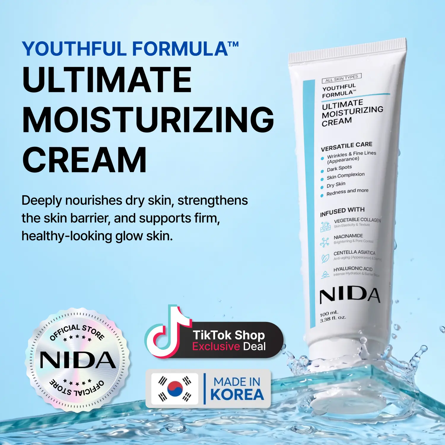 NIDA Youthful Formula Ultimate Moisturizing Cream (100mL) / Collagen, Niacinamide, Centella Asiatica, Hyaluronic Acid / Wrinkles, Dark Spots, Skincare Hydrating Daily Moisturizer Moisture Hydrate