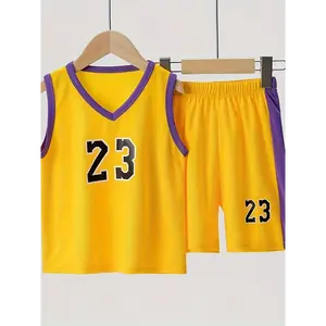 Sweat-Resistant Comfortable 2-Piece Athletic Set, Sleeveless Number 23 Jersey & Shorts, Breathable Youth Basketball Sports Outfit, Blue And Yellow, Casual Loose Fit, Daily & Outdoor Wear