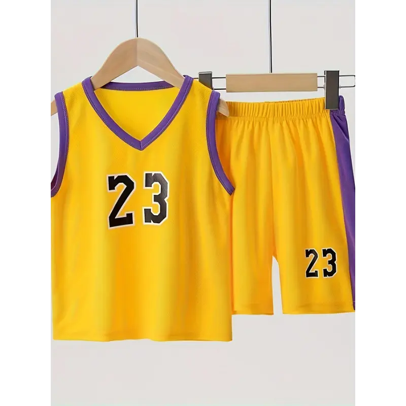 Sweat-Resistant Comfortable 2-Piece Athletic Set, Sleeveless Number 23 Jersey & Shorts, Breathable Youth Basketball Sports Outfit, Blue And Yellow, Casual Loose Fit, Daily & Outdoor Wear