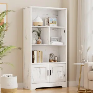 White Bookcase with Doors and s Modern 3-Tier Wood Bookshelf with Cabinet Large Standing Storage Display Shelf, White