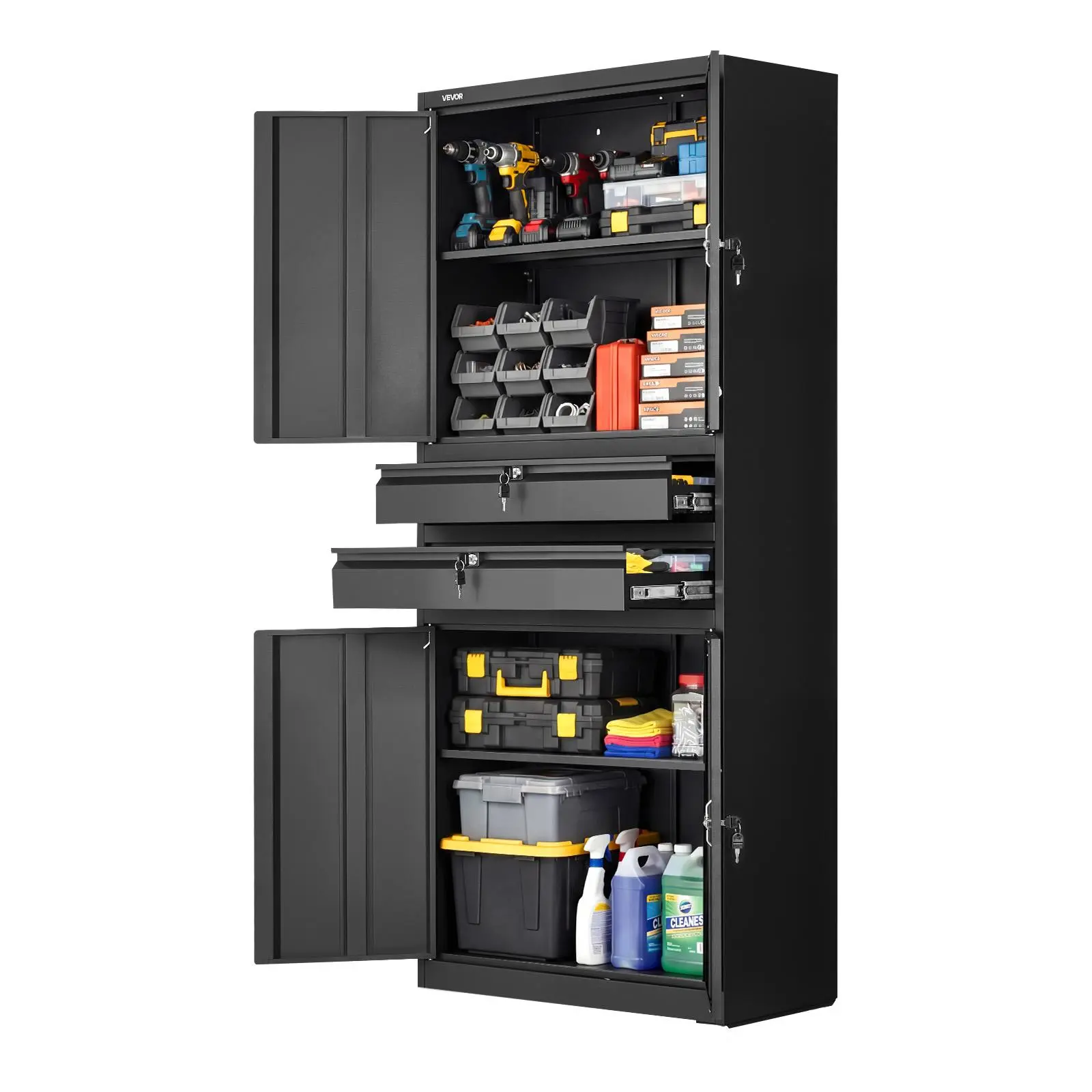 VEVOR Rectangular Metal Indoor Garage Storage Cabinet, 70.87in Tall, 180lb Shelf Load, 33lb Each Drawer, 4 Lockable Doors, 2 Drawers, Adjustable Detachable Shelves, Ergonomic Handles, Black Storage Unit for Garage, Home