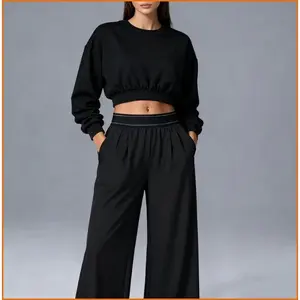 AmericanRetroPants Crew Neck Sweatshirt & HighWaistWideLegBottoms Set Comfy Loungewear Casual Outdoor Daily Athleisure Matching Outfits