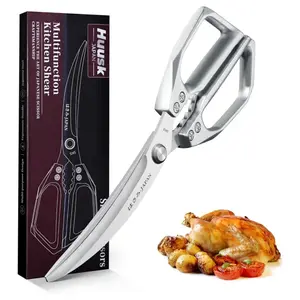 HUUSK Kitchen Scissors Silver - Stainless Steel Kitchen Shears for Food, Japanese Cooking Scissor, Sharp Meat Scissors Dishwasher Safe, Heavy Duty Poultry Shears for Chicken Bones, and Turkey