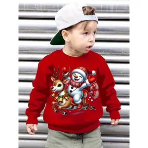 [Long Sleeve] Boys' Christmas Snowman & Reindeer Print Sweatshirt, Polyester 100% Crew Neck Long Sleeve Pullover, Casual Fall/Winter Knitwear with Applique Detail, Slight Stretch Regular Fit