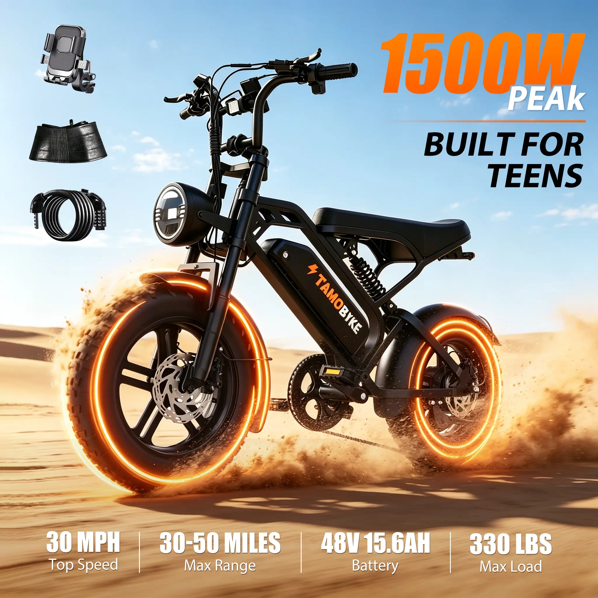 V20 Mini Electric Dirt Bike for Kids & Teens – 1500W Motor, 30 MPH Top Speed, 48V 15.6Ah Removable Battery, 16" Fat Tires, 7-Speed Gear System, Dual Hydraulic Brakes, Perfect for Off-Road Adventures