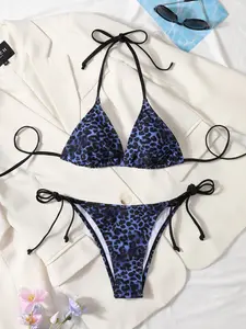 Women's Bikini Set Leopard Print, Triangle Bra Style, Sleeveless Thong Design, Casual Fashion Swimwear Swimsuit Set, Perfect for Beach and Pool, Bikini Swimsuits