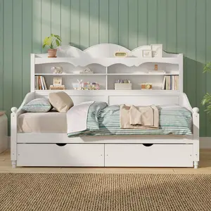 【Bellemave】Twin Daybed With Storage Drawers, Wooden Twin Day Bed With Storage Headboard Shelving, Retro Style Daybed For Bedroom,Living Room,Guest Room,No Box Spring Needed, Easy Assembly