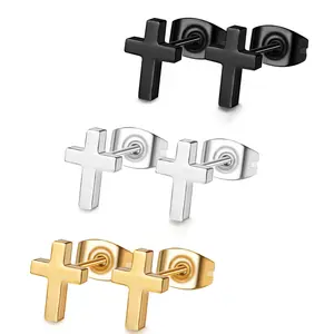 3-Pair Cross Stud Earring Set, Minimalist Flat Cross Earrings in Black, Silver & Gold Finishes, Hypoallergenic Small Cross Studs for Everyday & Edgy Styling