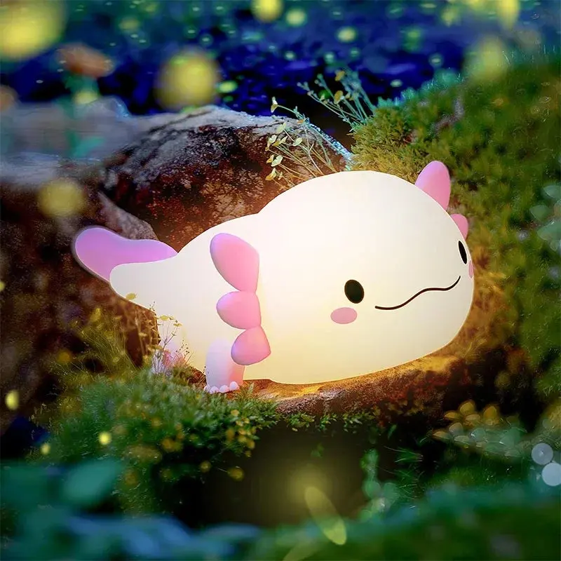 Cute Axolotl Silicone Night Light Desk Lamp - Touch Control On/Off, Low Voltage AC Power Supply, Auto Shut-Off, Batteries Compatible, 7+ Age Kids, Bedtime Use, Indoor Home Improvement Lighting
