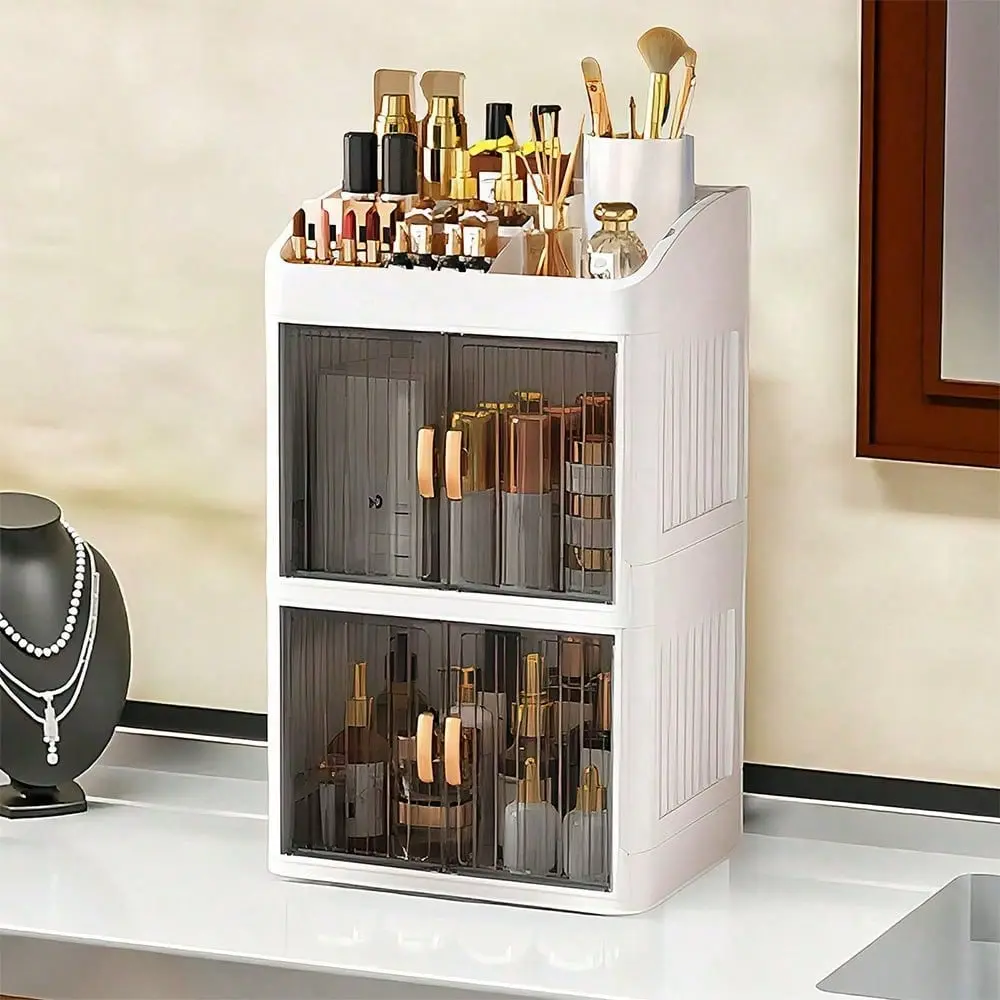 Vanity Makeup Storage Box, Foldable & Sliding Door Design, Clear Cover Cosmetic Display Cabinet, Large Capacity Skincare & Cosmetics Organizer, Ideal Gift For Women, Fits Bedroom & Bathroom Vanities To Store Lipsticks, Brushes, Nail Polish, White summerwi