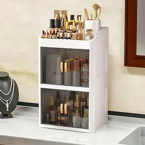 Vanity Makeup Storage Box, Foldable & Sliding Door Design, Clear Cover Cosmetic Display Cabinet, Large Capacity Skincare & Cosmetics Organizer, Ideal Gift For Women, Fits Bedroom & Bathroom Vanities To Store Lipsticks, Brushes, Nail Polish,