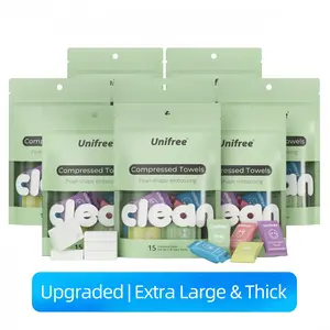 Unifree Upgraded Compressed Towels, Extra Large & Thick (11.8” x 9.4”), 120 Count (8 Packs), Individually Wrapped Disposable Face Towelettes, Portable for Travel, Camping, Outdoor & Home Use