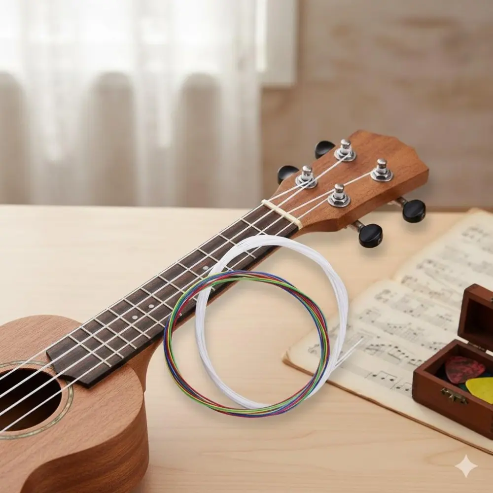 Nylon Ukulele Strings Set with Nano Anti-Mold Coating - Rustproof, Quick Tuning, Durable for Beginners & Professionals. Bright Tone, Long-Lasting, Easy to Install, 4-String Pack, Ideal for Camping, Dorm, and Performance Use.
