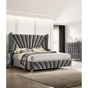 [Bellemave] Queen Size Upholstered Bed, Gray Velvet Wingback Bed Frame with Tufted Headboard & Nailhead Trim