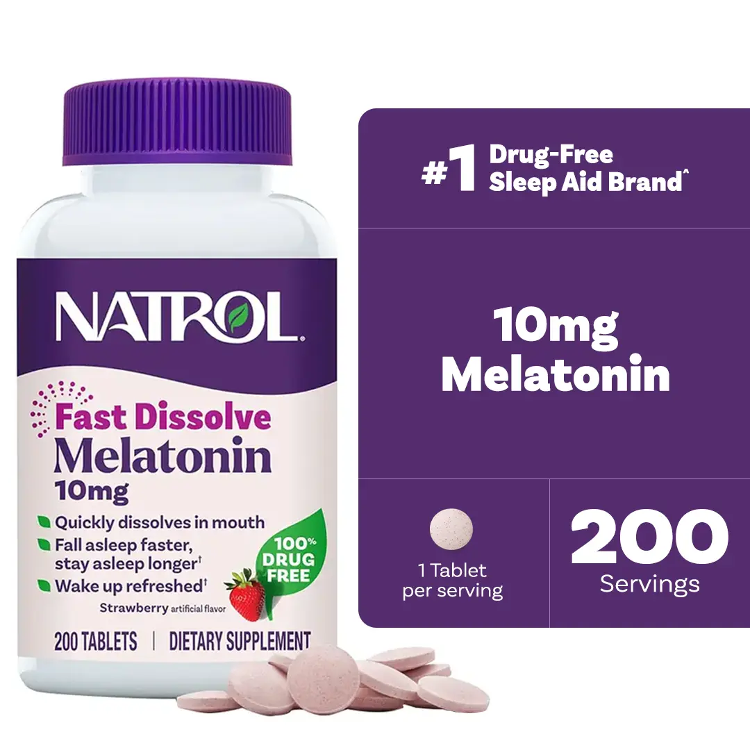 Natrol Edible Fast Dissolve Melatonin Sleep Aid Tablets, 10 mg, Adult Restful Sleep Support, 200 Strawberry-Flavored, Up to 200-Day Supply