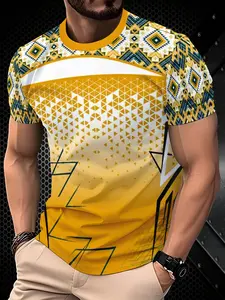 Men's Geometric Pattern Short Sleeve T-Shirt, Fashion Casual Round Neck Top, Multicolor Print Trendy Men's Clothing, Slim-Fitting