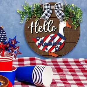Interchangeable Goose Sign Gift Wooden Goose Decor with Magnet Detachable Seasonal Welcome Changeable Hello Geese Signs Rustic Farmhouse Front Door Round Wreaths Hanging Decorations for Party Porch Home Outdoor Wall Office