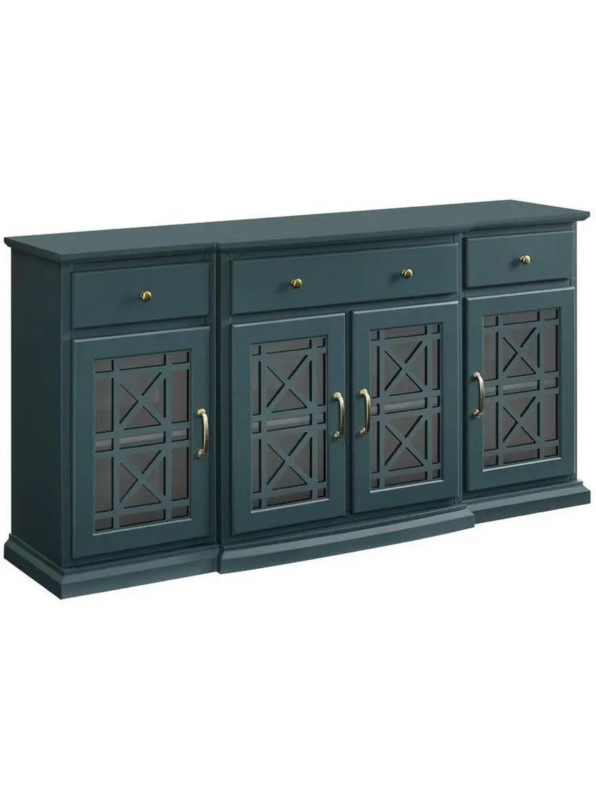 Walker Edison 60 in. Dark Teal Tiered Fretwork Sideboard - Curved, Drawer Storage, High-Capacity Indoor Cupboard, Curved Sideboards, Drawer Storage Sideboards