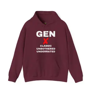 GEN X CLASSIC UNBOTHERED UNDERRATED Unisex Hoodie Retro Design Soft 50/50 Cotton-Poly Blend Fitted Long Sleeve Pullover with Kangaroo Pouch Pocket for Everyday Wear - Womenswear - Casual