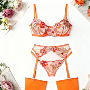 Orange Floral Mesh Lingerie Set for Women, Embroidered Underwire Bra and Thong Set with Garter, Sexy Summer Intimates
