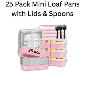 25 Pack Mini Loaf Pans with Lids & Spoons – 6.8 oz Disposable Aluminum Foil Cake Pans, Small Baking Containers, Pink Mini Cake Loaf Pans