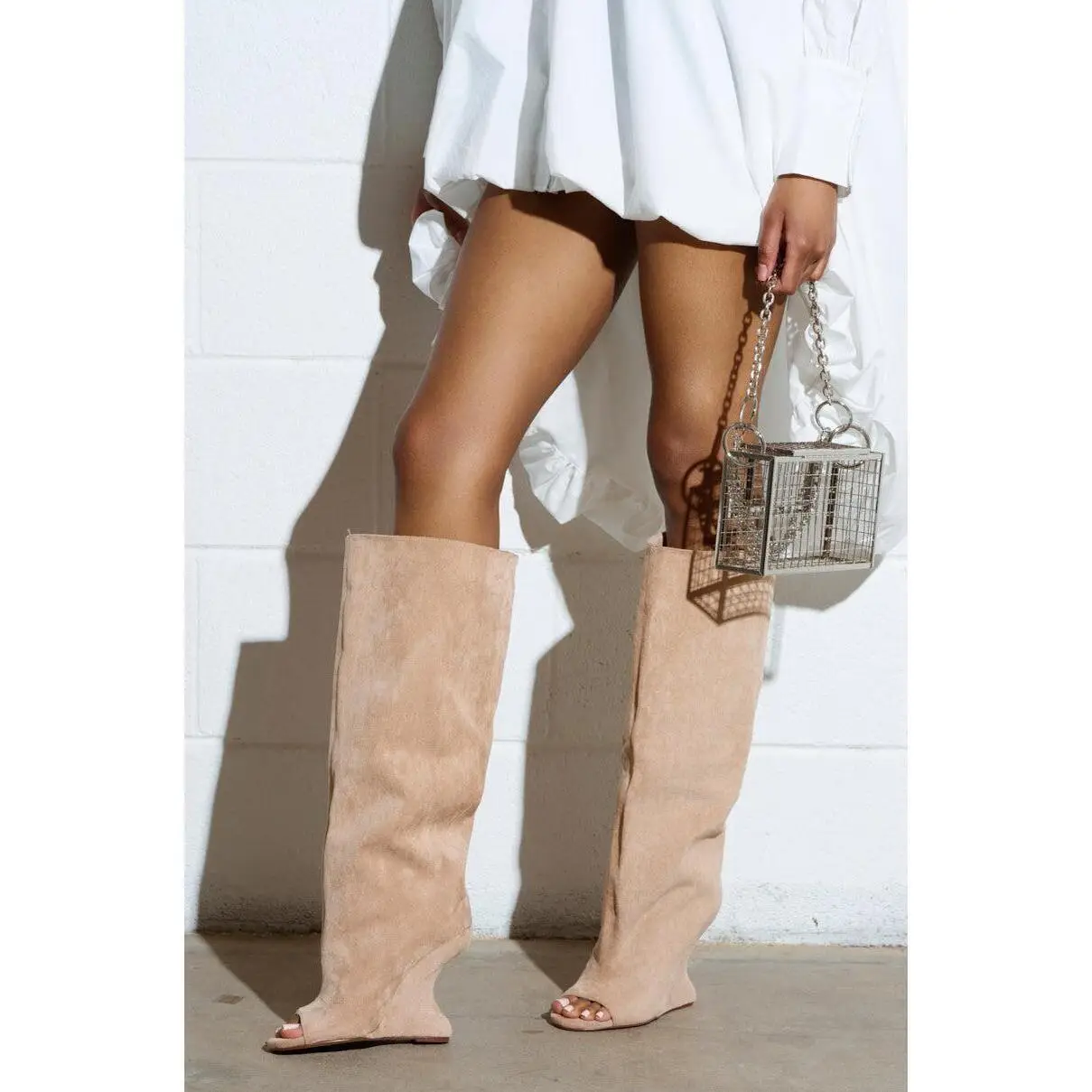 AZALEA WANG VINCENT NUDE FAUX SUEDE OPEN TOE BOOT