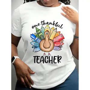 graphic tees One Thankful Teacher Shirt Funny Turkey Design Thanksgiving Teacher Gift Casual Fit Black Short Sleeve 100% Cotton Tops90s graphic tees