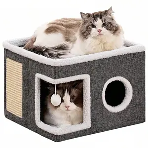 Simple 2-Layer Foldable Cat Bed, Cat Room, Kitten's Home, Indoor Cat Bed, Large Cat Cave With Fluffy Ball Toys And Scratching Post, Kitten Hideaway Apartment, Nylon Frame And Canvas Material, Pet Sofa