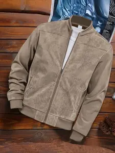 Men's Solid Plain Zip Up Classic Bomber Jacket, Fitted Regular Fit Casual Comfy Baseball Collar Long Sleeve Outerwear for Daily Wear, Men's Clothing for Fall & Winter, Coats, Menswear