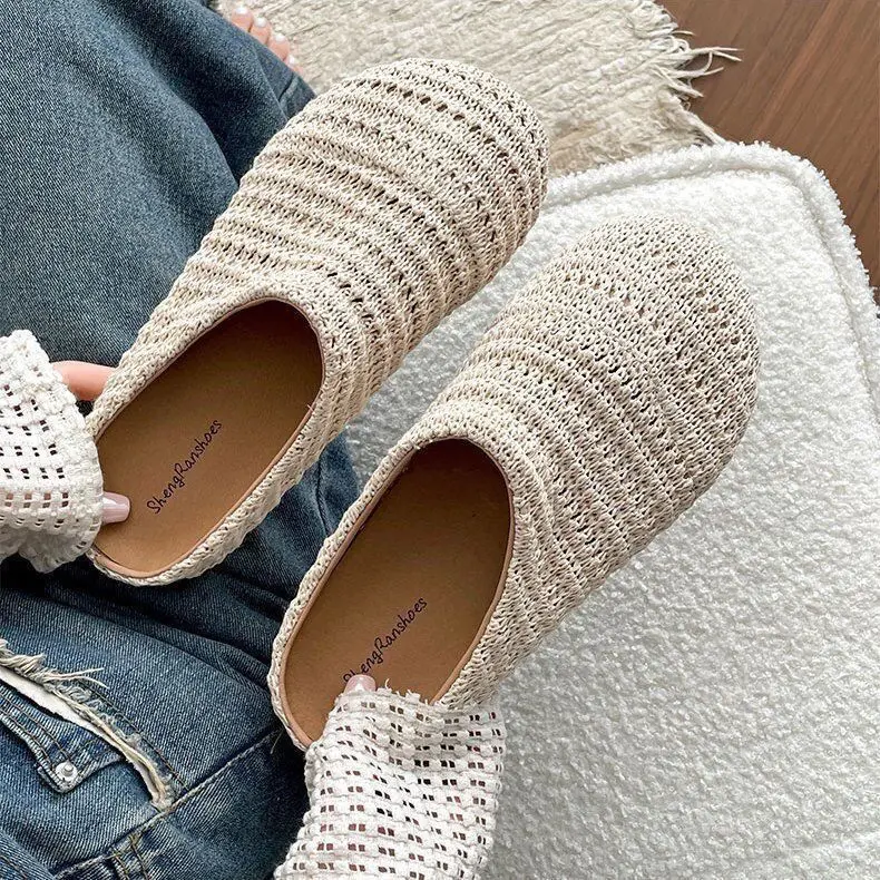 Women's Woven Crochet Mules, French Style Closed-Toe Slip-On Flats, Breathable Hollow-Out Summer Shoes