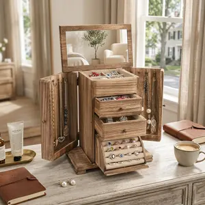 Rustic Wooden Jewelry Box with Mirror, 4-Layer Organizer for Rings, Necklaces & Earrings