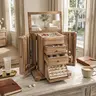 Emfogo Women's Linen Rectangular Farmhouse Style Storage Box with Lid & Mirror Top, 4-Layer Wooden Jewelry Holder with Compartment Containers, Dresser Organizer for Rings, Necklaces, Bracelets, Earring Holder Organizer, Gifts for Adults
