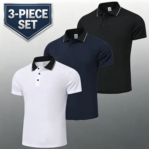 3-Pack Men's Color-Block Polo Shirts, Quick-Dry, Breathable Short Sleeve Tops