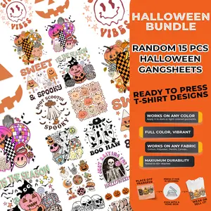 Halloween Mystery DTF Transfer Bundle 15PCS Spooky Heat Transfers Ready to Press Durable Vibrant Designs for T-Shirts Hoodies & Tote Bags