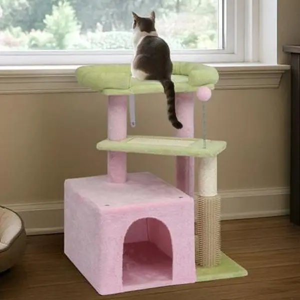 Cat Tree House And Towers For Big Feline Scratching Post Multi-Level Large Kitty Climbing Tower With Curved Perch Cozy Condo Padded Top Bed Kittens Indoor Cats Beige Green，Fashion Accessories Fabric Buddy