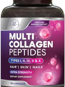 Multi Collagen Peptides Supplement - Hydrolyzed Types I, II, III, V & X Multi Collagen Pills, Hydrolyzed Collagen Peptides Supplements, Hair, Skin, Nail, and Joint Support Supplement, 120 Capsules collagen peptide