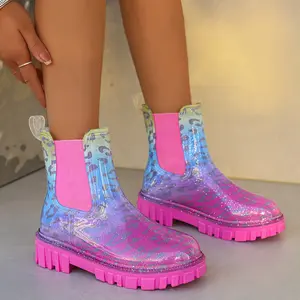 Fashionable Pink Gradient Laser Rain Boots for Girls - Waterproof, Non-Slip Ankle Boots with Round Toe & PVC Material, Perfect for Stylish Work & Rainy Days, Stylish Work Shoes|Chunky Sole Boots|Slipresistant Shoes