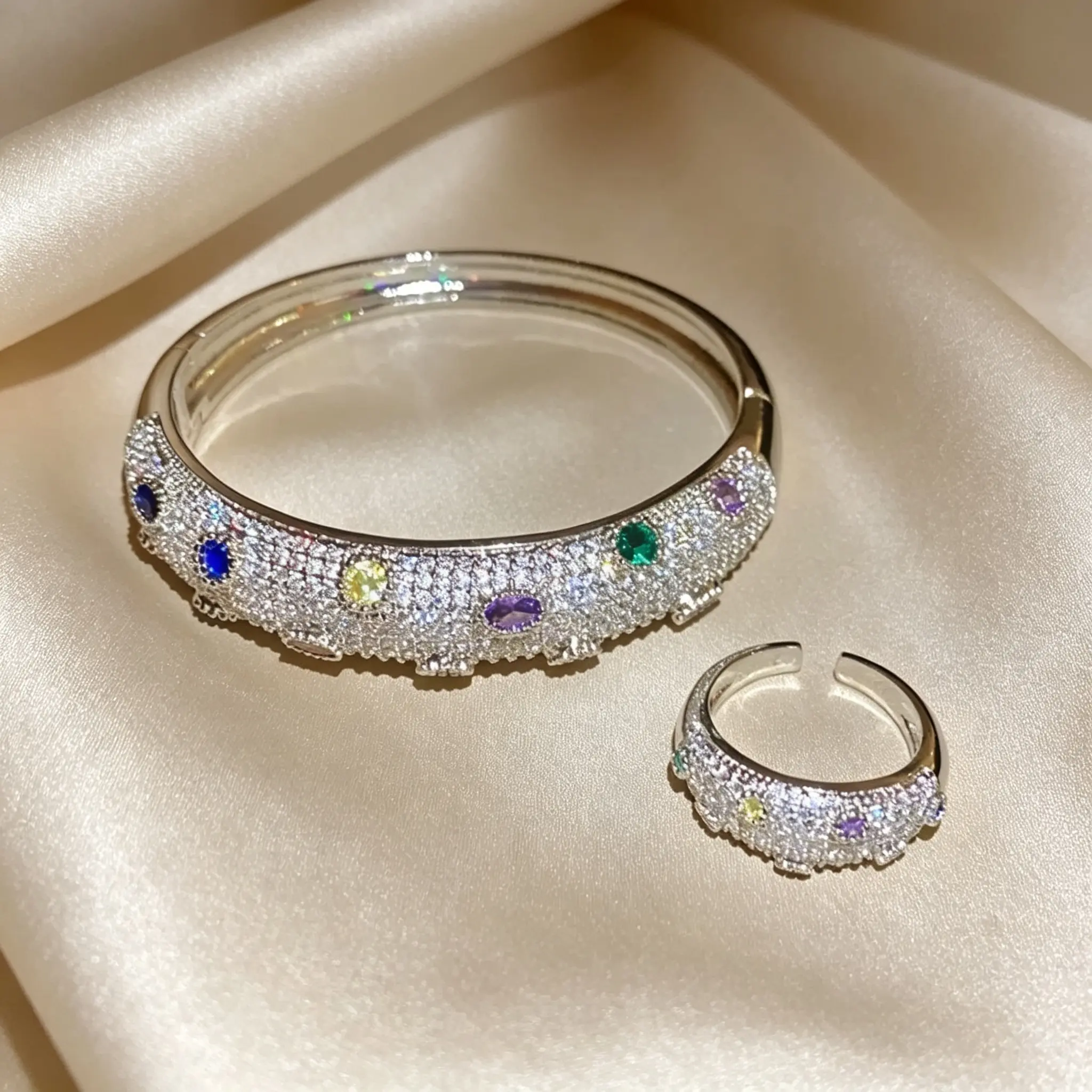 Women's Silver-Plated Rainbow Multi-Color Micro-Paved CZ Gem Bangle & Open Ring Set - Bling Luxury Cocktail Statement Jewelry, Stackable Accessories for Wedding, Party, Birthday Anniversary Gift jewellery trendy fashion