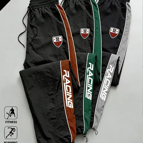 3-pack men’s casual color-block straight-leg drawstring pants, suitable for everyday commuting, workouts, and a fashionable street-style athletic look. Comfortable, breathable fabric; regular fit. Lightweight and practical long pants for summer.