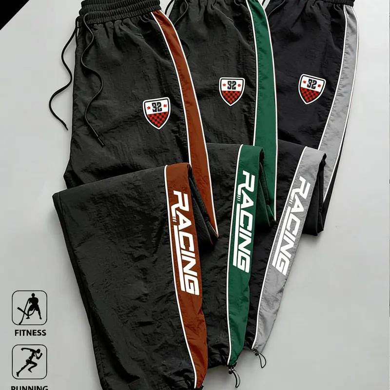 3-pack men’s casual color-block straight-leg drawstring pants, suitable for everyday commuting, workouts, and a fashionable street-style athletic look. Comfortable, breathable fabric; regular fit. Lightweight and practical long pants for summer.