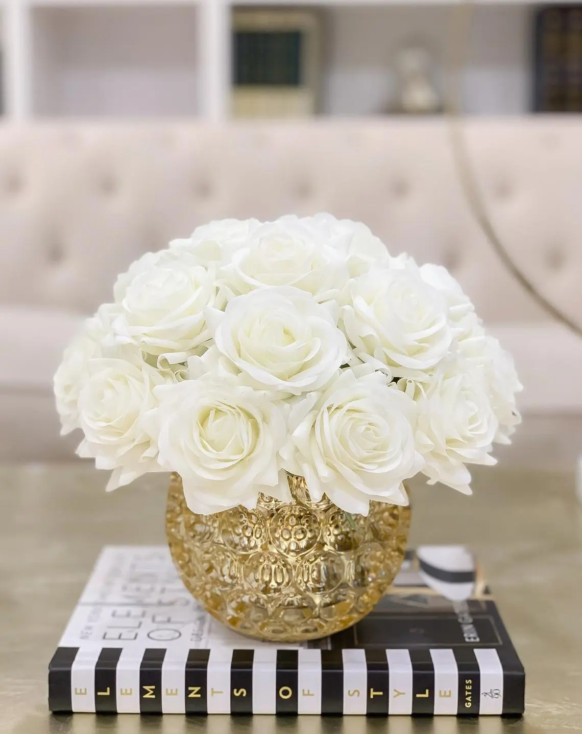 White Rose Centerpiece in Gold Vase