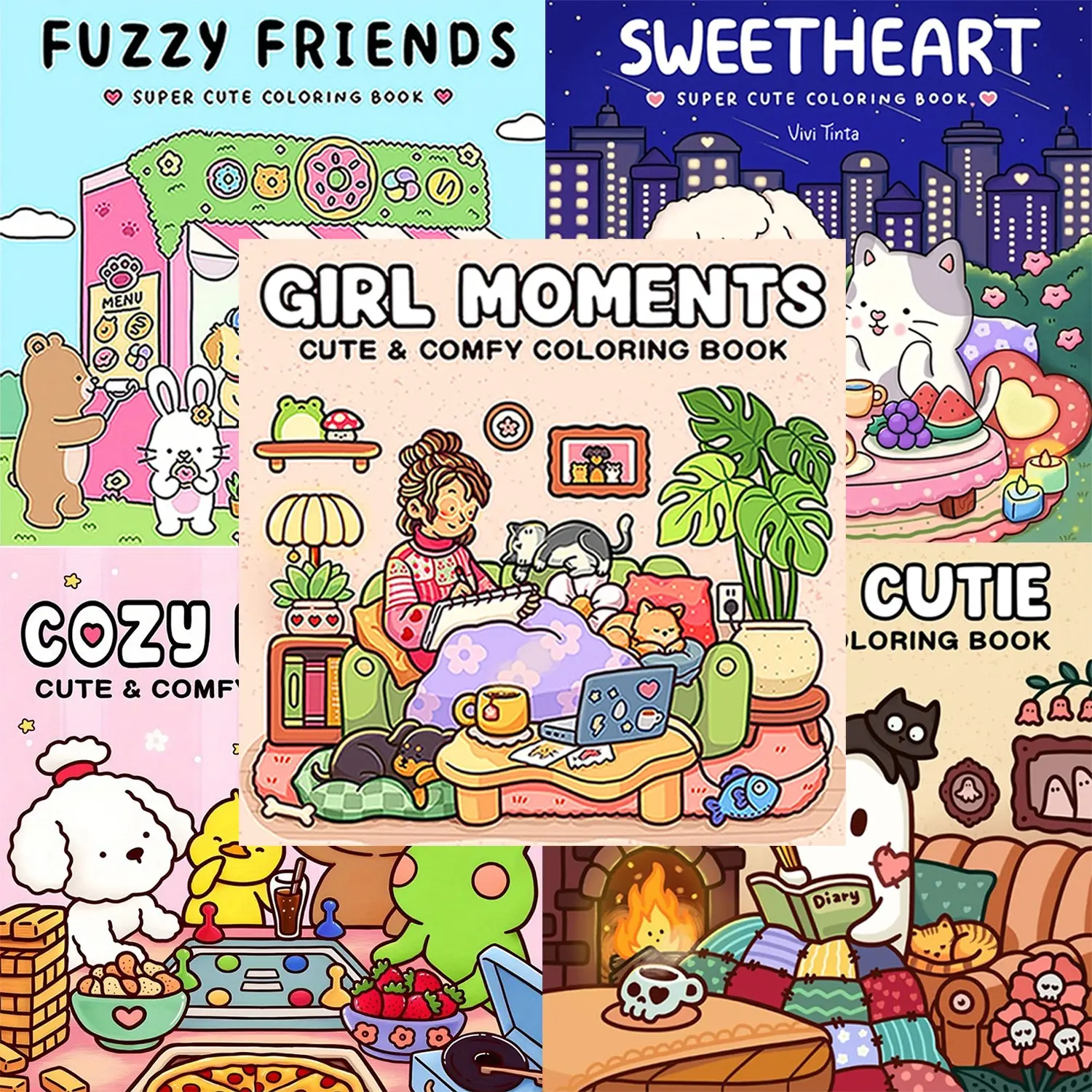 5-Piece Coloring Set:GIRL MOMENTS&FUZZY FRIENDS&SPOOKY CUTIE&SWEETHEART&COZY FRIENDS,Charming Coloring Gift Book for Adults and Teens Featuring Illustrations