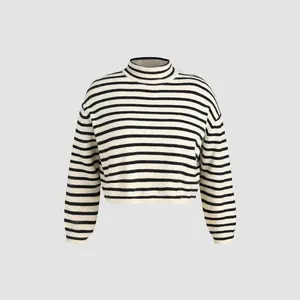 Cider [7 colors, size 0-26] Striped High Neck Oversized Crop Sweater Curve & Plus