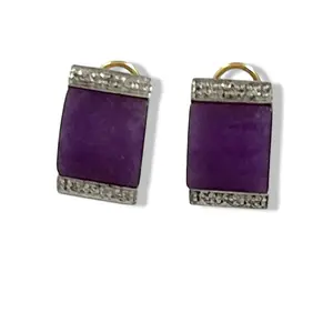 14K Yellow Gold Omega Clip Diamond Cabochon Lavender Jade Earrings