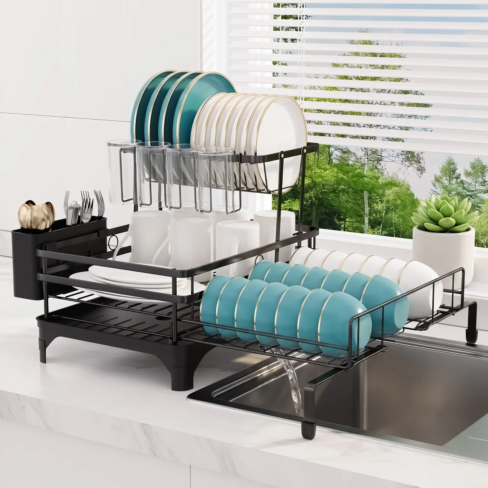 2-Tier Expandable Over Sink Dish Drying Rack - Reversible Left-Right Foldable Design with 360° Swivel Drain Spout, Utensil Holder, Cup Organizer for Kitchen Sink Storage